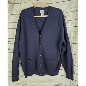 Vintage LL Bean Lambswool Mens Sweater Cardigan L Navy Blue Grampa Preppy V-Neck